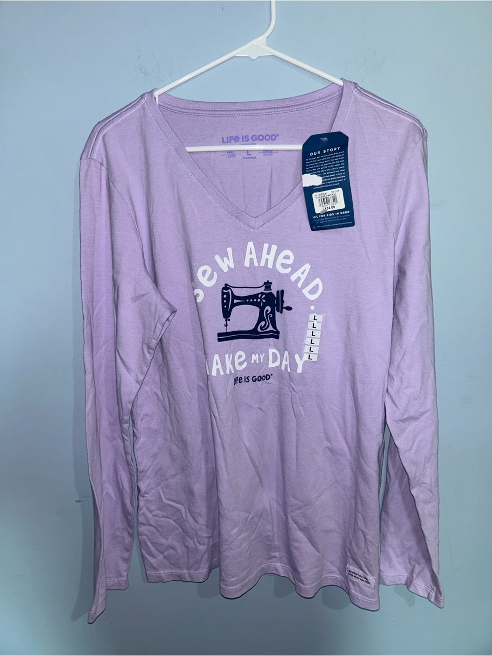 Life Is Good Lavender Long-Sleeve V-Neck 'Sew Ahead' Graphic Tee